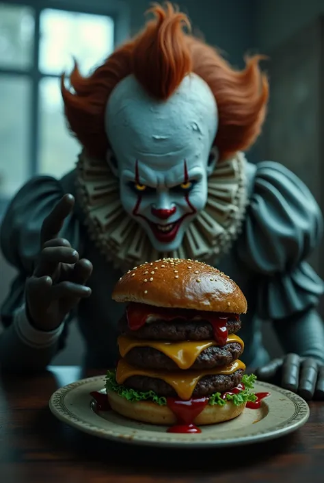 The character Pennywise behind a burger staring at it, in a dark and colorless place, with low contrast, leaving the clown and the hamburger very evident. Create a more realistic one Make the burger more obvious Put barbecue sauce on the burger The clown i...