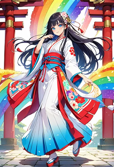 shrine maiden、half blue long hair、full body portrait、beautiful girl、long-hemmed outfit、rainbow eyes、powerful eyes、shrine maiden鈴...