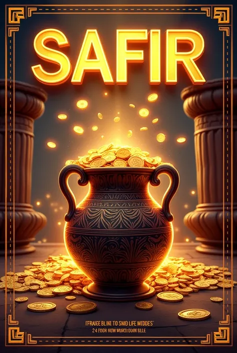 Make an advertising flyer with the title SAFIR for 60 balls and with the content that with 10 soles your ball enters the amphora 3 times,  There are 8 prizes ,  of 100 soles, 100 soles, 100 soles , 50 soles, 50 soles, 50 soles, 30 soles and 30 soles 