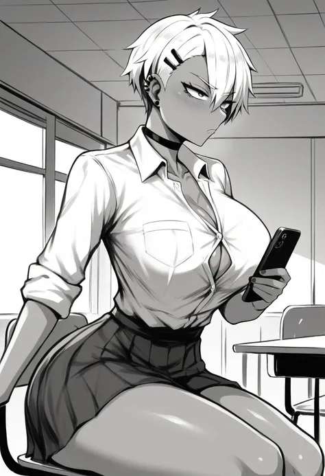 Monochrome, slightly dark skin, skirt, Japanese high school skirt, tight dress shirt, tomboy haircut, short tomboy hairstyle, sexy soft face, sexual face, extremely feminine face, female jawline, manga style, (angled front side view image, pov front angled...