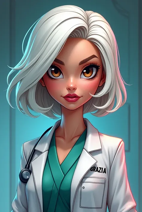 Barbie cartoon style, intimidating look, brown eyes ,female doctor with short white hair to shoulders ,with the name of GRAZIA ,embroidered on his robe on one side 