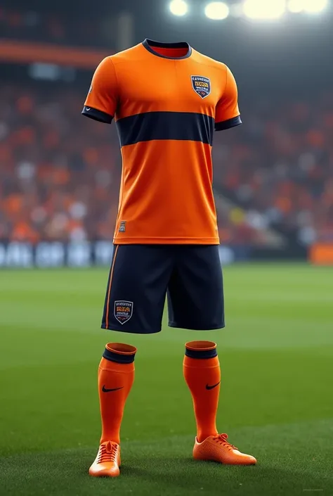 Custom soccer uniform in primary color orange, with dark blue horizontal stripe and black shorts, with a shield on the left side of the chest with the words bela vista written on it 