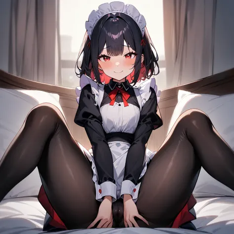 1girl,Solo,smile,blackhair,red eyes,purple and red,Maid,black skirt,black Shiny pantyhose,Large sleeves,masterpiece, best quality, very aesthetic, absurdres,pov Crotch,hands Between legs,(Crotch:1.5)