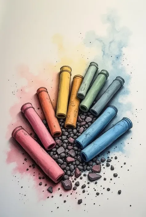 A drawing of broken colored chalks lying on the ground with minimalist ashes 