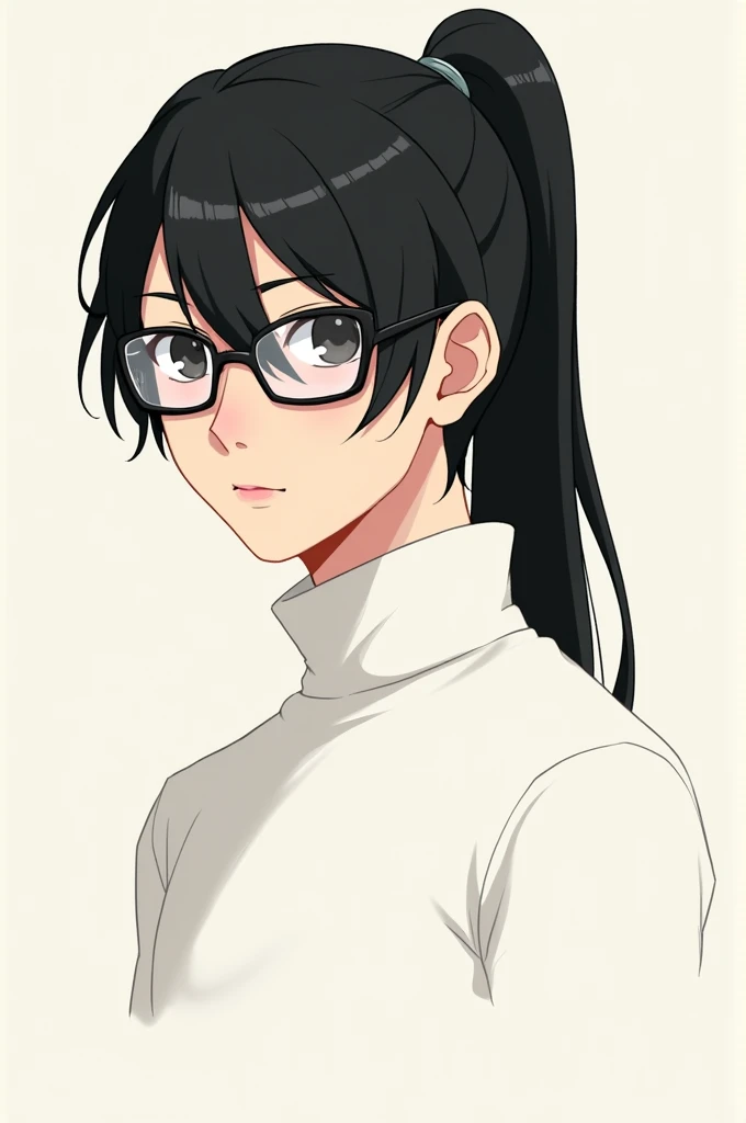 Anime man, Asian, black-eyed, with rectangular glasses, black-haired, with a high ponytail, wearing white shirt, with turtleneck