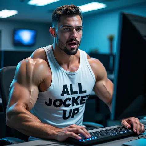 A hyper muscular male college student wearing a shirt that says ALL JOCKED UP sits in front of a monitor in a dark computer lab at night staring vapidly over the glowing screen shining light on his face as his mouth hangs open and he is hypnotized and brai...