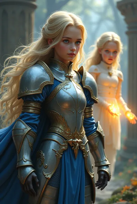 Two girls,children,one wears armor in shades of silver and blue and a large shield on each arm, the other more shy one is floating in the background, She has hands and eyes shining in a golden tone, they are both princesses