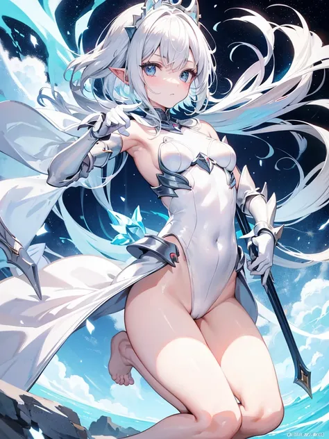 Make an anime girl, flat, delicate, short white hair and white skin. with pointed ears, silver leotard armaidra. Armor gloves attached to metal chest. Barefoot poems. 