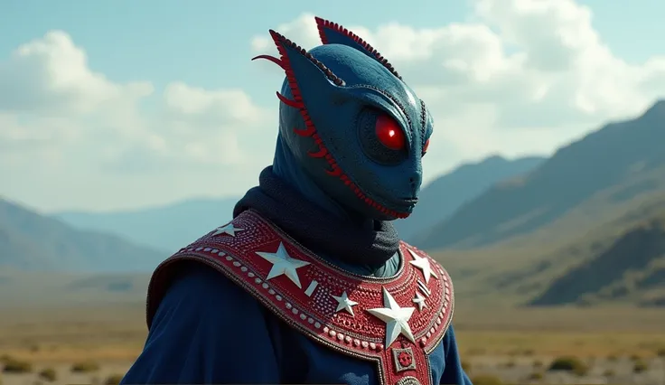 Chile as a mapuche League of Legend creature in navy blue, carmine and white colors with a white five-pointed star. Intricated clothing. Cinematic Fantasy sci-fi landscape background