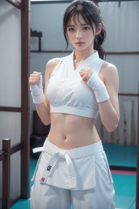 (i can see a sporty bra)、(((sexy karate clothes)))、female karateka with bangs and ponytail、visible navel and lower chest、shiny s...