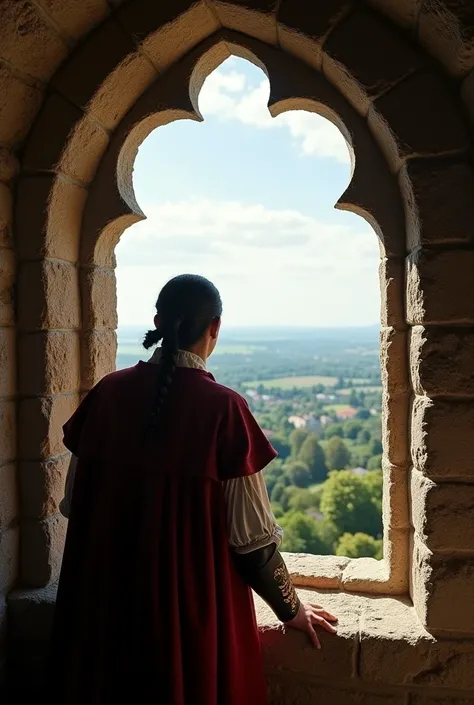 Medieval man looking out of a castle window at a landscape 