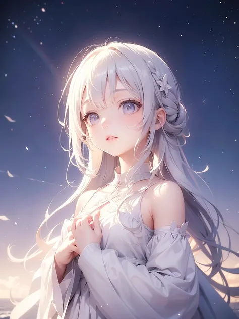 starlight cross in the sky,look up at the sky,Close your eyes,Put your hands together in front of your chest,pray,white Arctic clothes ,Rainbow Aurora in sky, One girl, White medium hair, Center parted hair, White Dress, (Detailed pupils, Pale pink eyes,Sy...