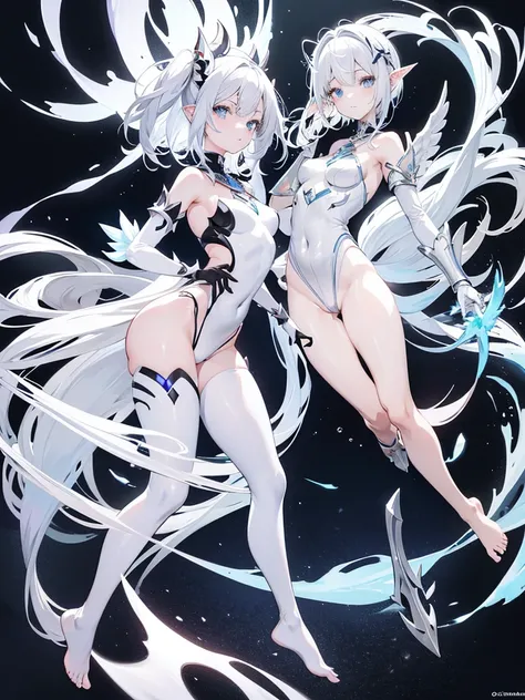 Make an anime girl, flat, Wide hips, teen, short white hair and white skin. with pointed ears, silver leotard armaidra. Huge dark metal armor gloves attached to metal chest. Barefoot poems. 