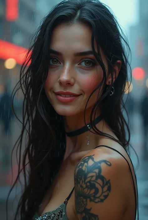 photo realistic, highly detailed cyberpunk style, standing beautiful Scandinavian woman, dreamy face expression, happy, smile, looking at camera, long hair, windy, slender perfect face, perfect oval eyes, slim, elegant, rain, dripping make-up, oil on canva...