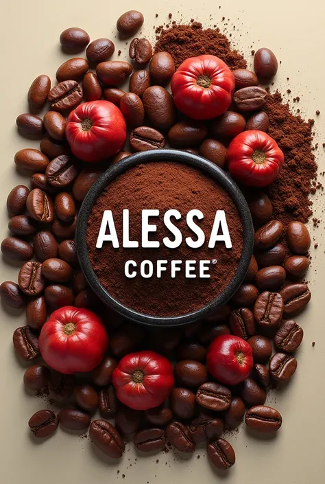 Create roasted coffee beans surrounded by ripe coffee seeds and below there is ground coffee and the center has the phrase: ALESSA COFFEE JINOTEGAN COFFEE