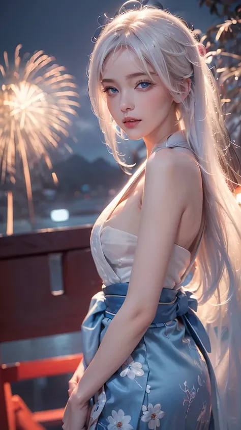 ((8k,Realistic,Beautiful single woman，White Gold Hair，Blue Eyes，Summer Nights in Japan，))Fantastic Fireworks at Miyajima，Traditional Japan yukata，The theme color is red,Angle from below