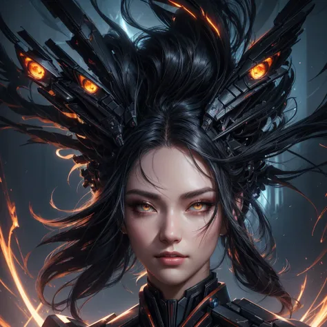 mecha raven style hairs, steel mechanical raven head with hairs, sci-fi, a close up of a woman - sci-FI  with a sci fiorer on her face, Mechanical raven IN HAIRS, glowing light feathers in hairs, fiol glowing eyes, hd , cinematic, cinematic light, dinamic,...