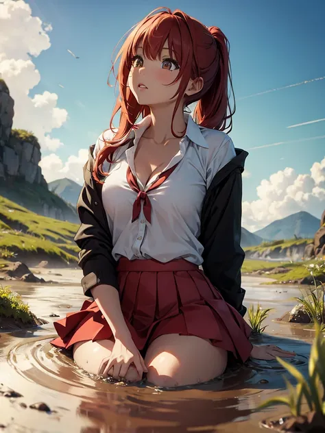 1girl, solo, masterpiece, best quality, high res, highly detailed, (illustration), beautiful detailed eyes, yuigahama yui, red hair ponytail, glossy lips, light makeup, orgasm, (looking up to the sky:1.5), intimate moment, school shirt, red skirt, cleavage...