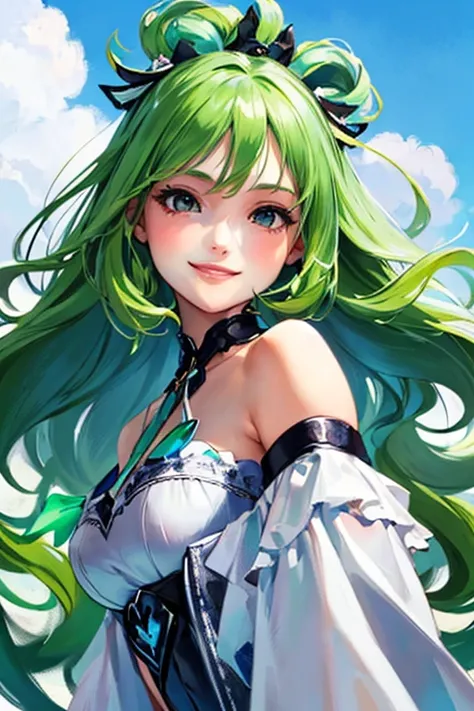 ((masterpiece)), (((best quality))), chromatic lighting,
colorized, green + white limited color palette, 
detailed concept drawing,
portrait, full body, 20yo 1girl, blue sky, medium soft breasts, slender, green, long green hair, black eyes, smiling