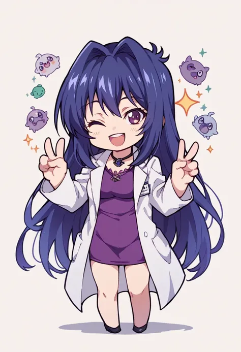 aki nijou,labcoat,open coat,purple blouse,miniskirt,chibi,(two fingers in v,symbol of love and peace),winking and smiling