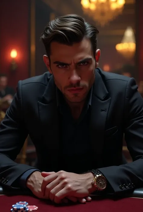 A young man of 30 years old with a serious, slightly malevolent look that shows power, sitting in a dark casino