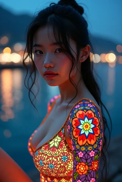 (masterpiece, Highest quality), 8k,(((Very detailed))), Race:1.8, Super intricate Race pattern,　colorful Race pattern,Stained glass transparent body, Mandala,light up,cold, 1 female, Open Back, 18 years old、Japanese, beautiful girl, Intelligent face, Photo...