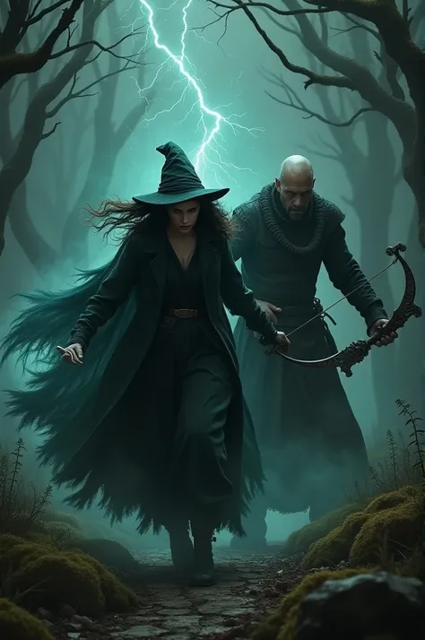 Create a witch being hunted by a bald witch hunter