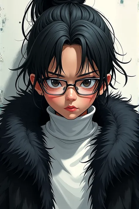 asian boy, marvel comic style, black eyed, with rectangular clear lenses, black fur, with a high ponytail, with white turtleneck sweater