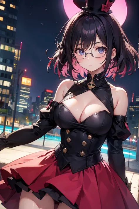 A pink short haired girl, using a top-hat, she haves big boobss, using round glasses, she is in a dark-night with high buildings, raining