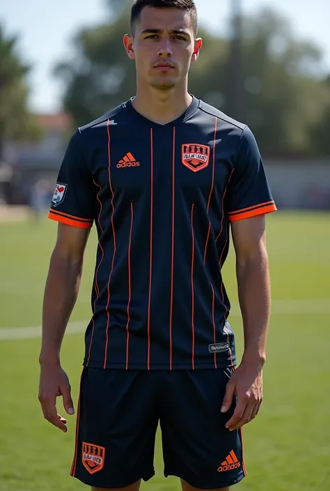 Custom soccer uniform in dark blue primary color, with thin vertical orange stripes and black shorts with orange details, with a shield on the left side of the chest with the words bela vista written on it 