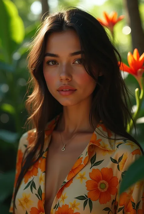 A Brazilian woman in a lush tropical garden, wearing an open shirt with a floral print, with a close-up capturing the harmonious beauty between her breasts and the natural flowers, showing off your natural charm and outgoing personality.