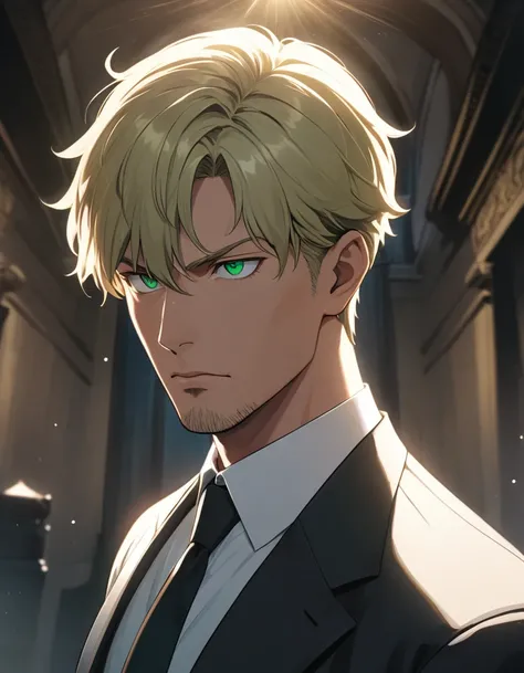 1man, veteran spy agent, handsome mature, business hair with short asymmetrical bangs, little goatee, green platina blond hair, emerald eyes, BREAK 45yo, charming caucasian, slightly long chiseled face, deep set, angular jaw, facial wrinkles, crewcut, BREA...