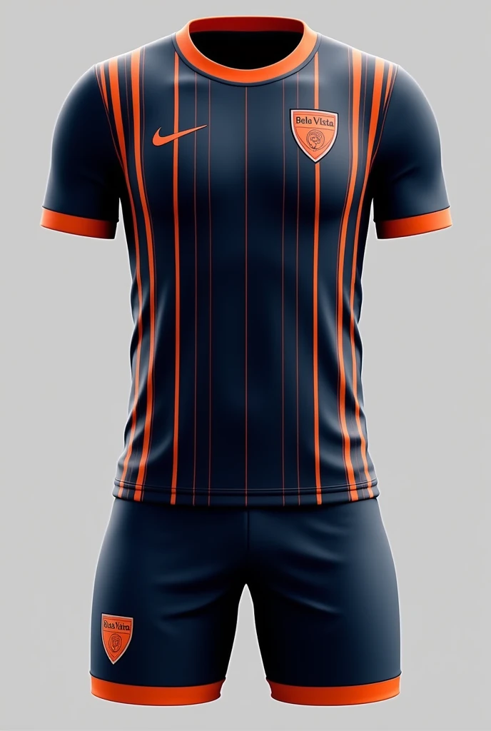 Custom soccer uniform in dark blue primary color, with thin vertical orange stripes and black shorts with orange details, with a shield on the left side of the chest with the words bela vista written on it 