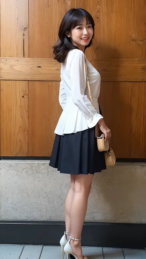 Highest quality、masterpiece、Ultra-high resolution、(Realistic:1.4)、Downtown Tokyo、woman、Standing woman、(((Leaning forward))),Grin、beautiful woman、blouse、skirt、Handbags、High heels