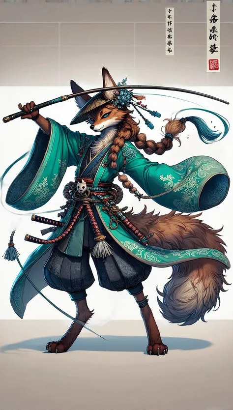 Detailed scene of a humanoid character with fox features, dressed in traditional Japanese clothing inspired by a kimono. The character wears a straw hat decorated with flowers and other elegant ornaments.. He is holding a cane or weapon, and at his side th...