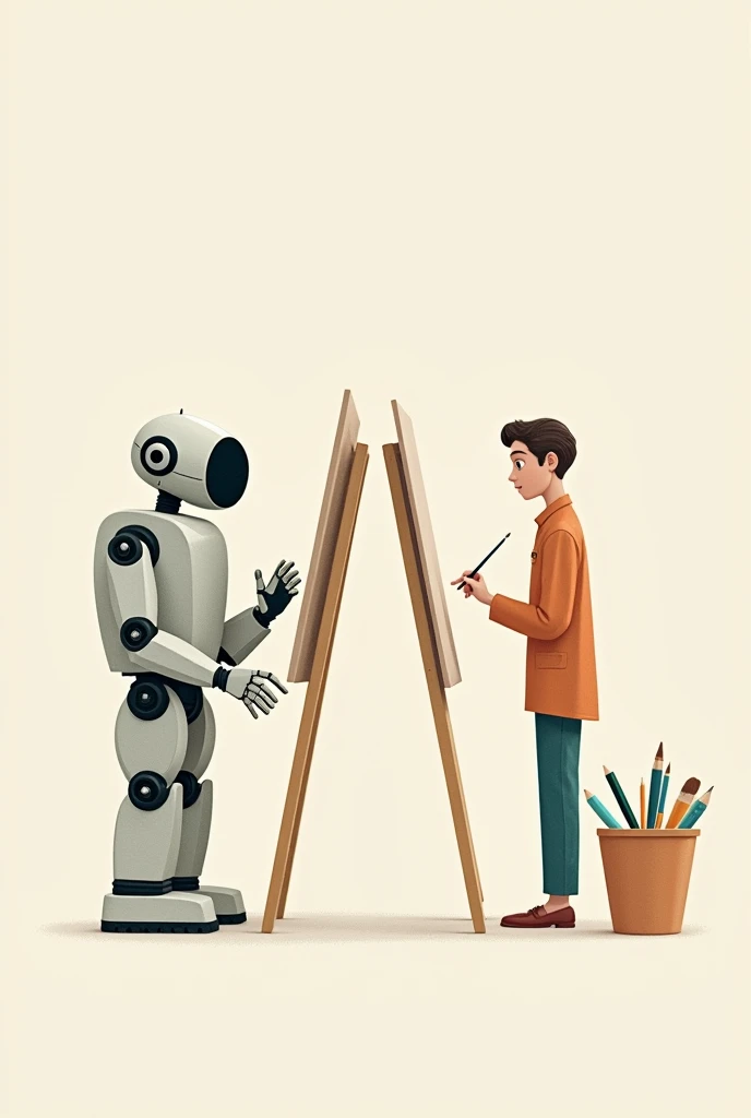 A simple 
robot drawing the same picture as the human drawing the same picture next to it.