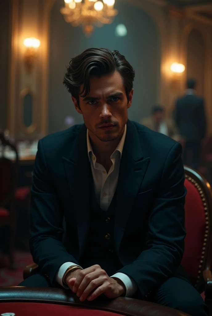 A young man of 30 years old with a serious, slightly malevolent look that shows power, sitting in a dark casino