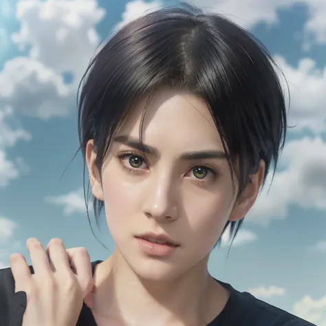 A man in a black shirt and an anime image of a black shirt, portrait of Ellen Yeager, Ellen Yeager, Ellen Yeager, from Attack on Titan, shingeki no kyojin, (Attack on Titans anime), in Attack on Titan, Levi Ackerman, Attack on Titan anime style, Attack on ...