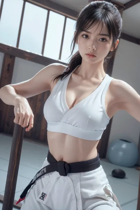 (I can see a sporty bra)、(((sexy Karate Singlet, black belt)))、Female karateka with bangs and ponytail、Visible navel and lower chest、shiny skin、((shy face))、((Turn your face away))、((look sideways))、((face is flushed))、(Watery eye)、cry、(((Karate Dojo)))、((...