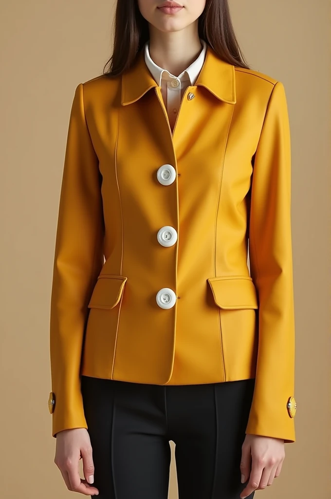 Promotion style jacket, with white buttons, The rest should be matte mustard color and something that gives it a special touch