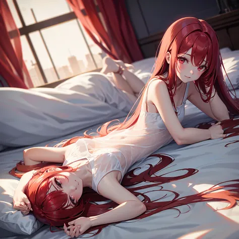 Red haired princess lying on bed in transparent dress  , trace in the hair ,red eye. Peitao grande , she&#39;s in the room