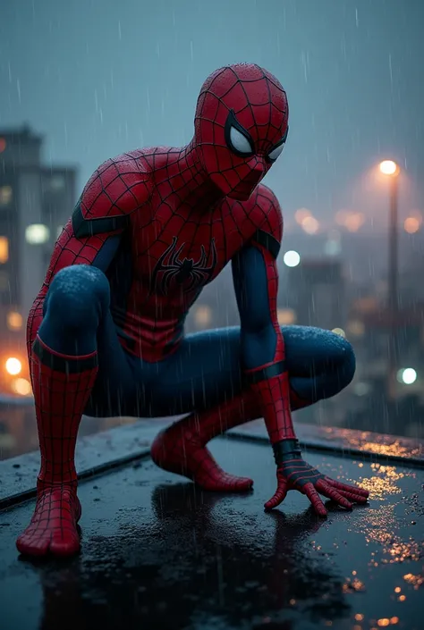 a realistic and detailed 8K photo of Spiderman on a rainy rooftop at night, hyperrealistic, stunning lighting, wet and shiny costume, dramatic pose, cinematic composition, masterpiece