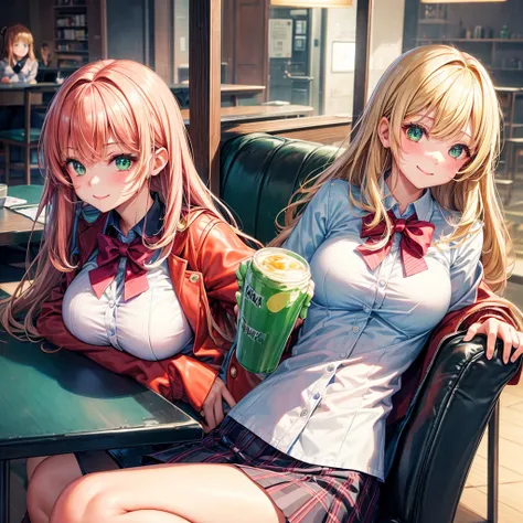 middle School girls，smile，Beautiful girls，Beautiful girl from another world，Gun of the Future，Sitting in a chair，A girl drinking cream soda at a family restaurant，family restaurant，leather jacket，The best quality to get you horny，Super cute girl，Psychic，Wi...