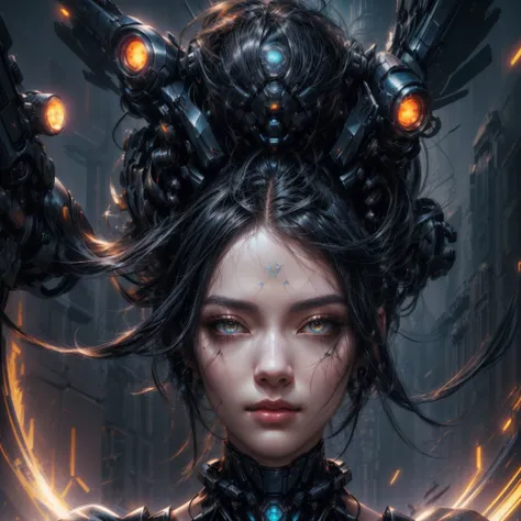 mecha raven style hairs, steel mechanical raven head with hairs, sci-fi, a close up of a woman - sci-FI  with a sci fiorer on her face, Mechanical raven IN HAIRS, glowing light feathers in hairs, fiol glowing eyes, hd , cinematic, cinematic light, dinamic,...