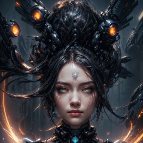 mecha raven style hairs, steel mechanical raven head with hairs, sci-fi, a close up of a woman - sci-FI  with a sci fiorer on her face, Mechanical raven IN HAIRS, glowing light feathers in hairs, fiol glowing eyes, hd , cinematic, cinematic light, dinamic,...