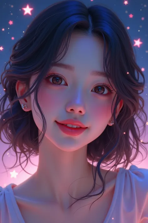 A portrait shot of A realistic young woman with korean features. with long, wavy hair colored dark blonde. Cheerfull expression, bright smile. The background is pastel purple/ dark blue with stars