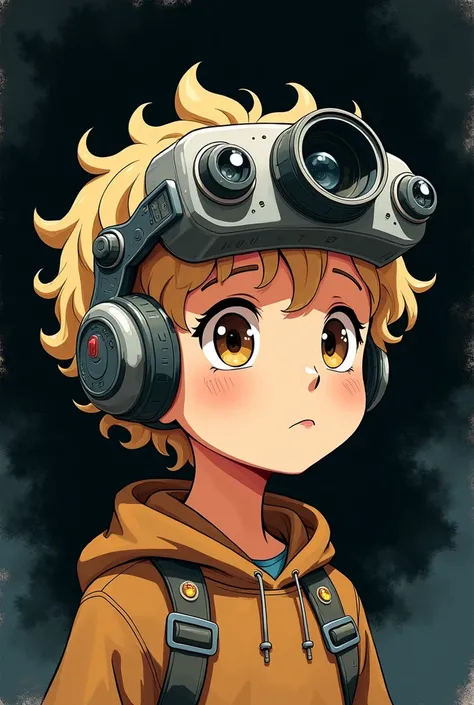 A white skinned boy with curly blond hair with brown eyes and a camera on his head camera goupro anime (without being realistic )use black in the background 
