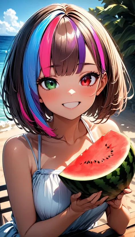 (highest quality:1.2, Very detailed, up to date, Vibrant, Ultra-high resolution, High Contrast, masterpiece:1.2, highest quality, Best aesthetics), Portraiture、girl、solo, (25-years-old:1.3), slim, heterrochromia, green eye, red eye, ((eating watermelon:1))...