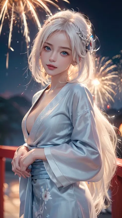 ((8k,Realistic,Beautiful single woman，White Gold Hair，Blue Eyes，Summer Nights in Japan，))Fantastic Fireworks at Miyajima，Traditional Japan yukata，The theme color is red,Angle from below