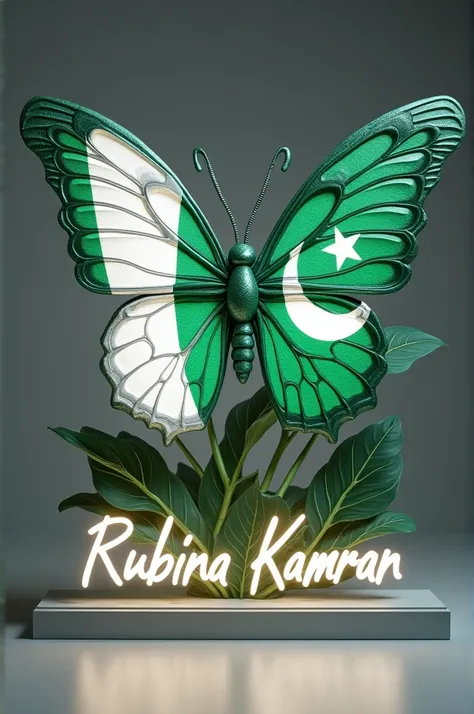 A realistic decorative butterfly sculpture featuring one like a Pakistani flag wing in , white, green with intricate patterns and a central blooming small navy blue flower, while the other wing is white, green adorned with a white moon And star symbolizing...